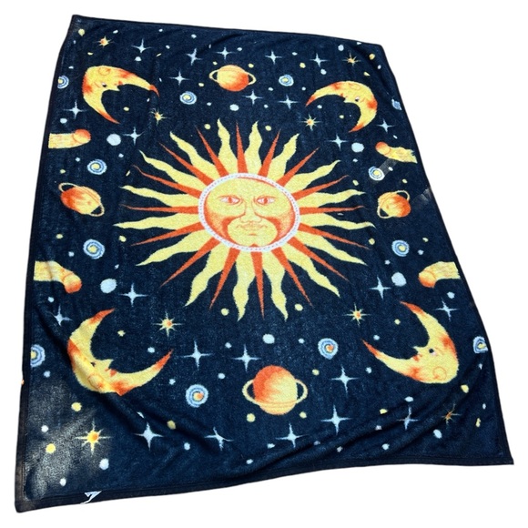 unknown Other - Vintage CELESTIAL SUN MOON STARS Warm Fleece Blanket Throw 90s Bedspread 78x57